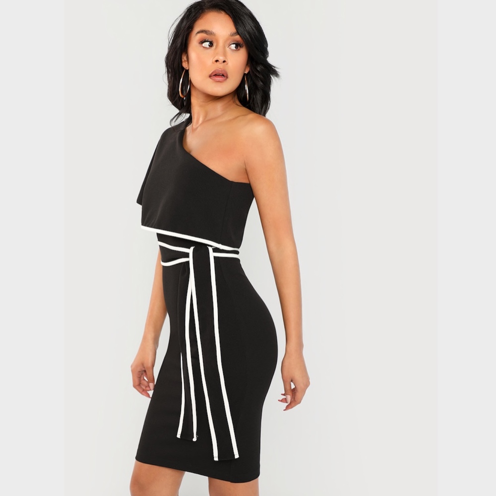Contrast Tie Belt Flounce One Shoulder Dress - Picture 4 of 8
